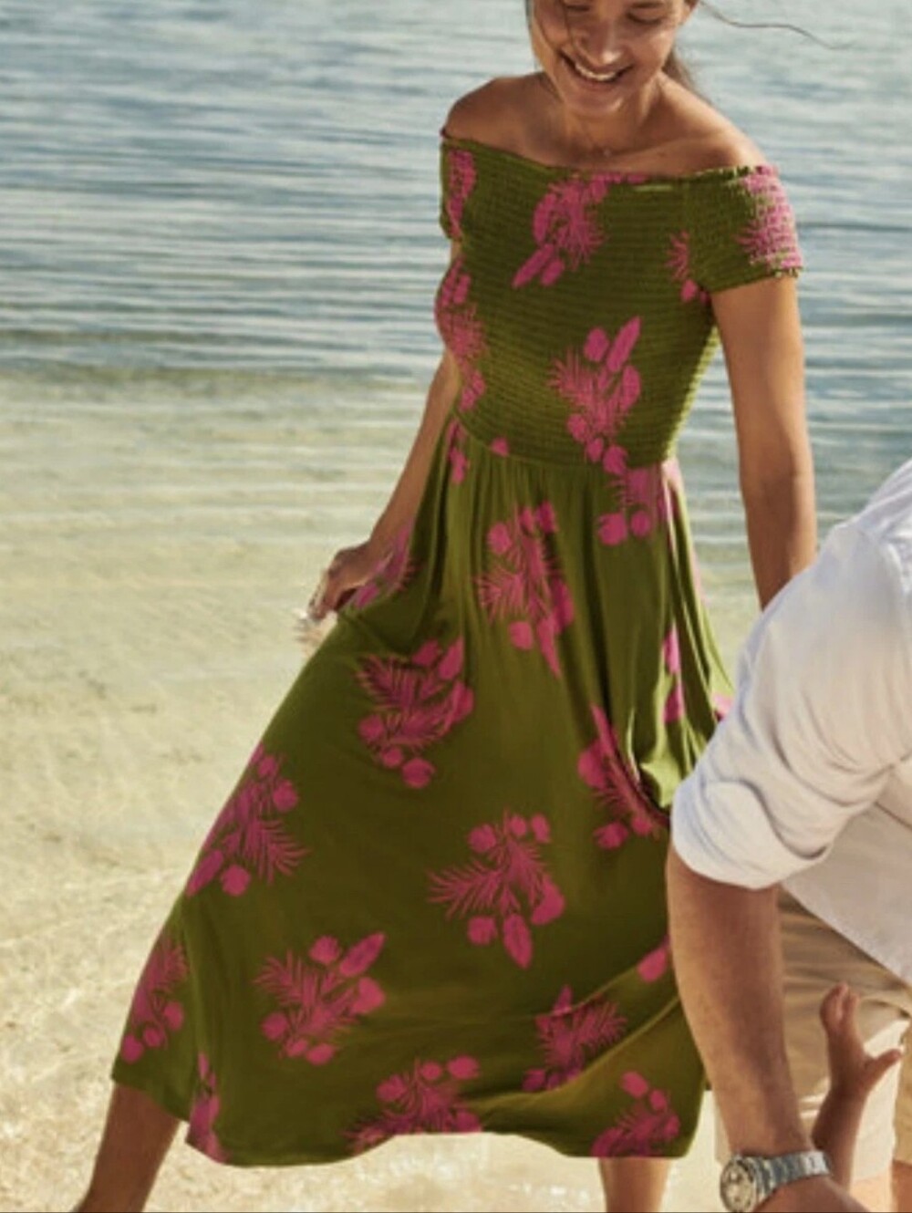 BODEN Angelica Smocked Midi Dress Pea Green & Pink Jungle Bouquet Size 10R